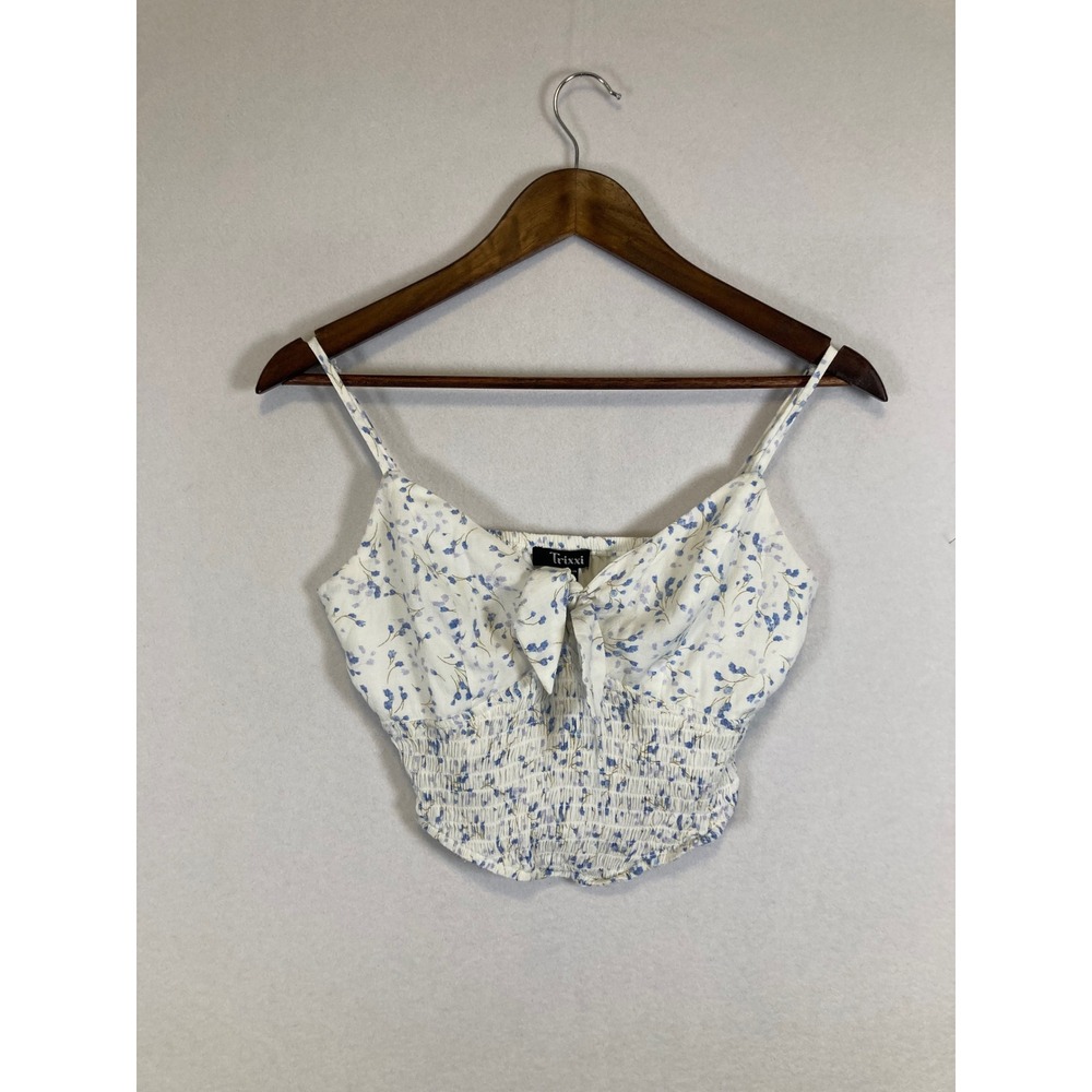 Coqutte Floral Crop Top Womens Small White Blue Tie Front‎ Smocked Boho